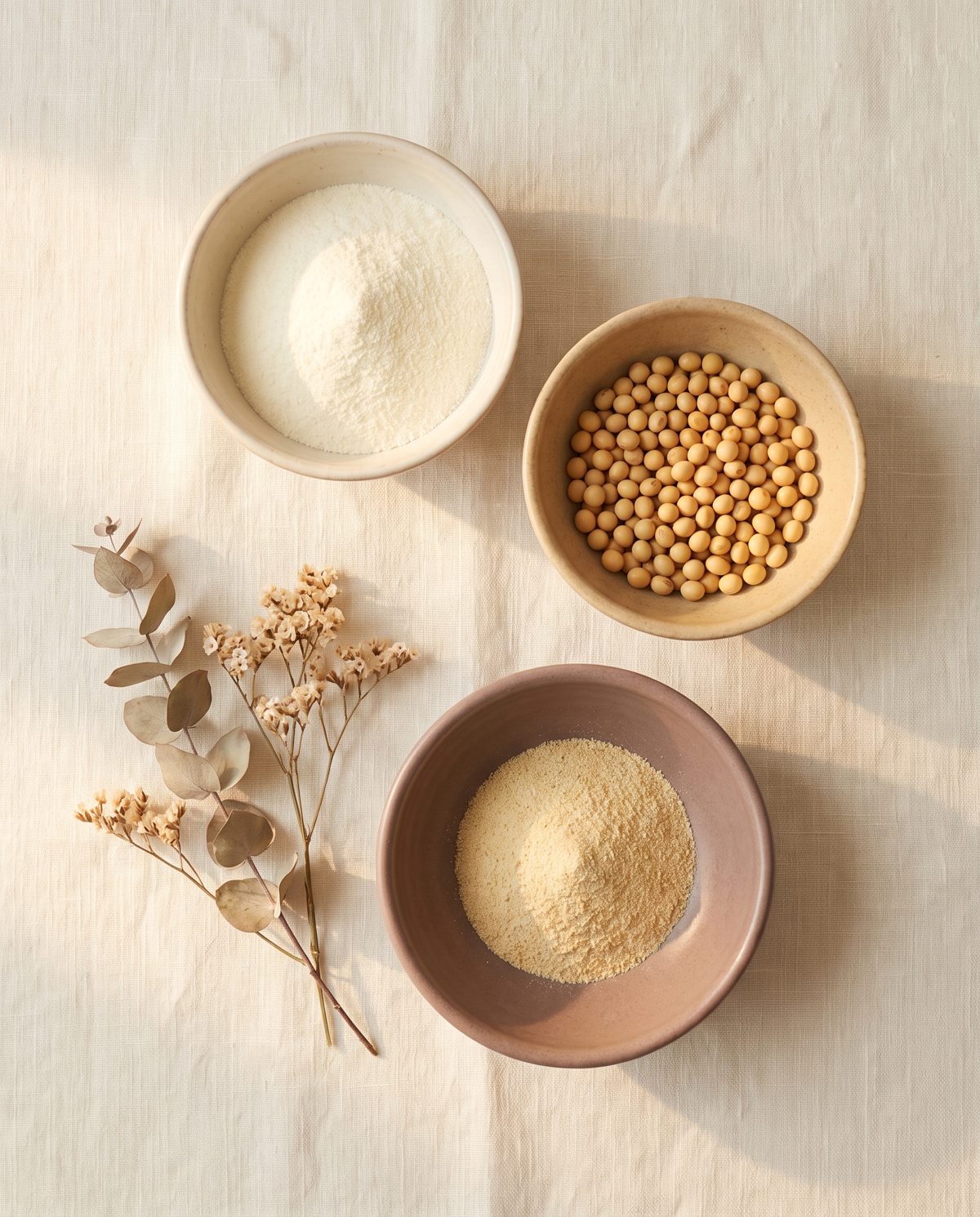 Three bowls: cultured milk powder, soybeans, and golden enzyme powder on cream linen