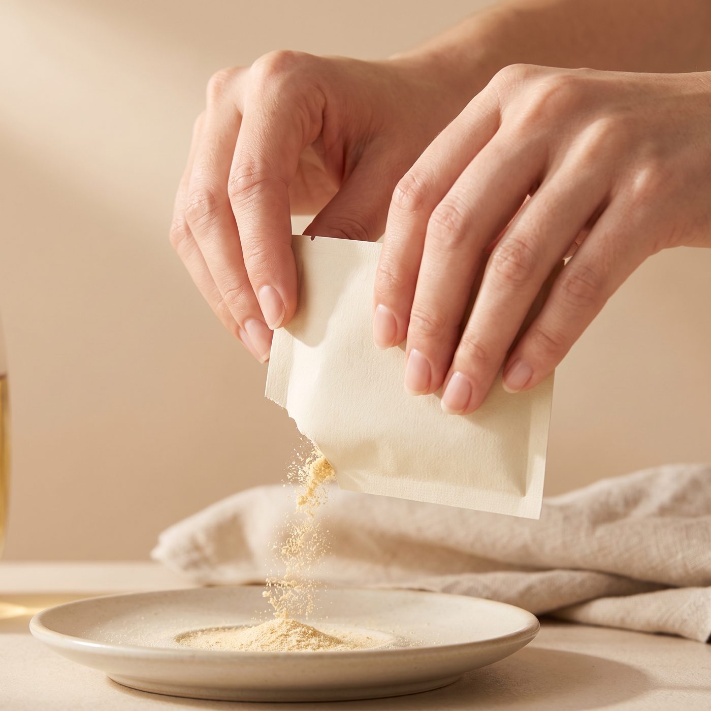 Hands opening a cream sachet, fine golden powder pouring out